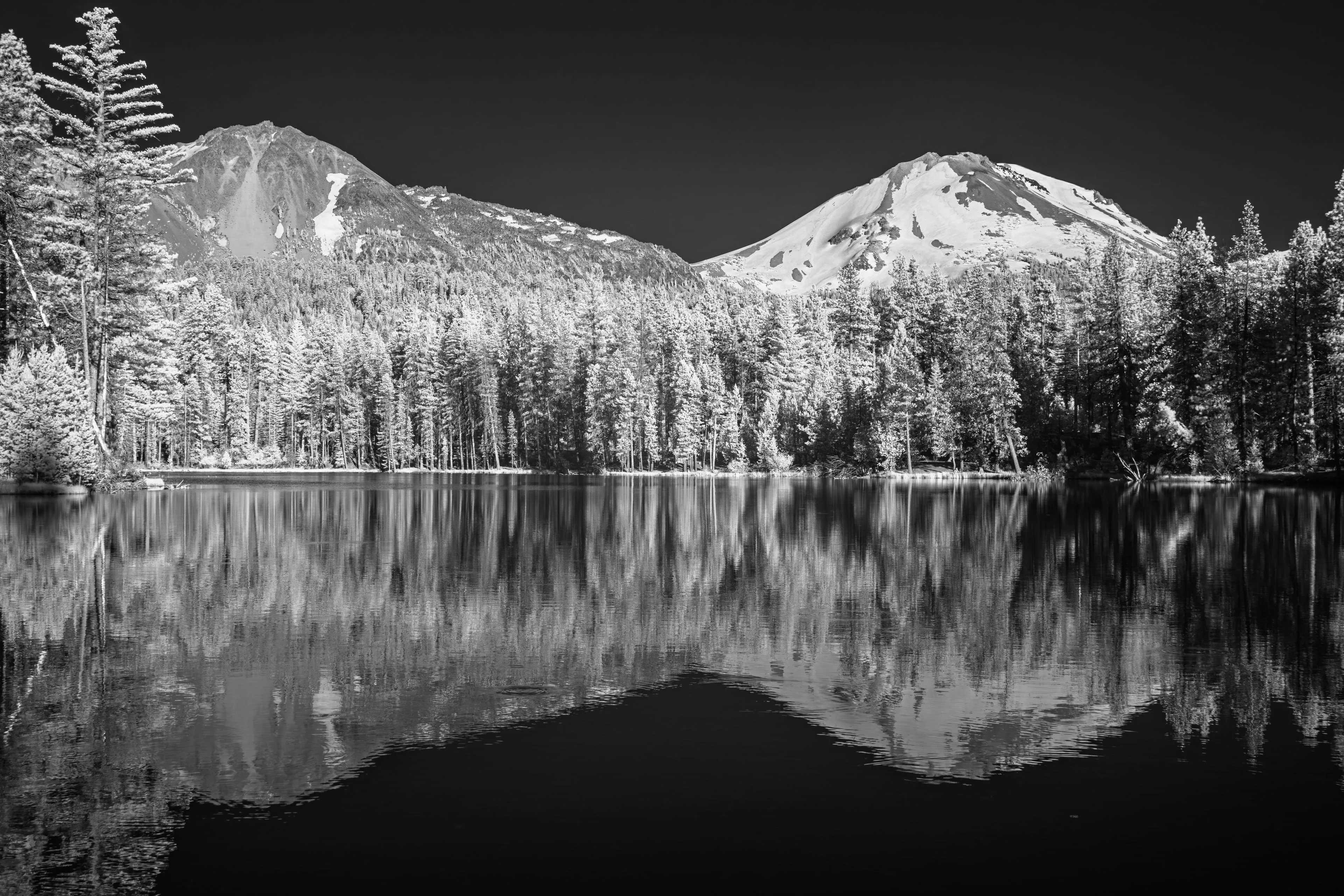 An infrared photograph of Reflection Lake at Lassen, where white-foliaged forest and snow-streaked peaks under a black sky are doubled in perfectly still water, the frame split exactly at the waterline.