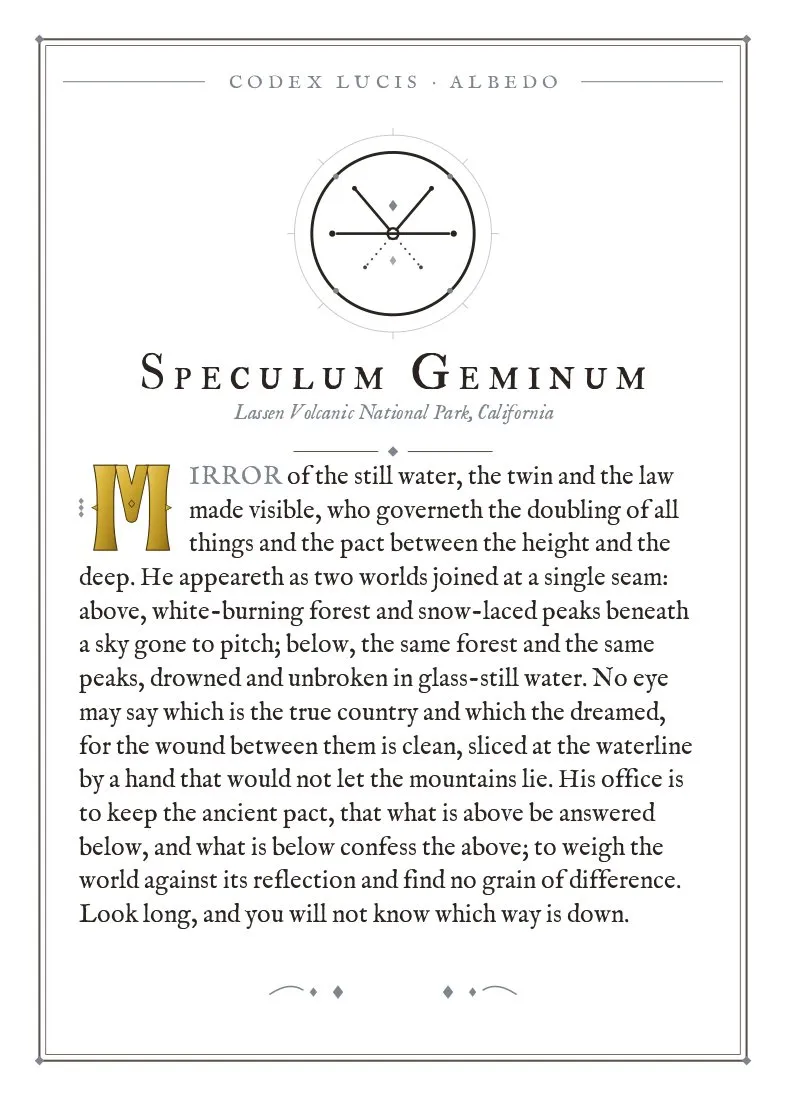 The colophon for Speculum Geminum — its Codex Lucis entry, printed on fine-art card