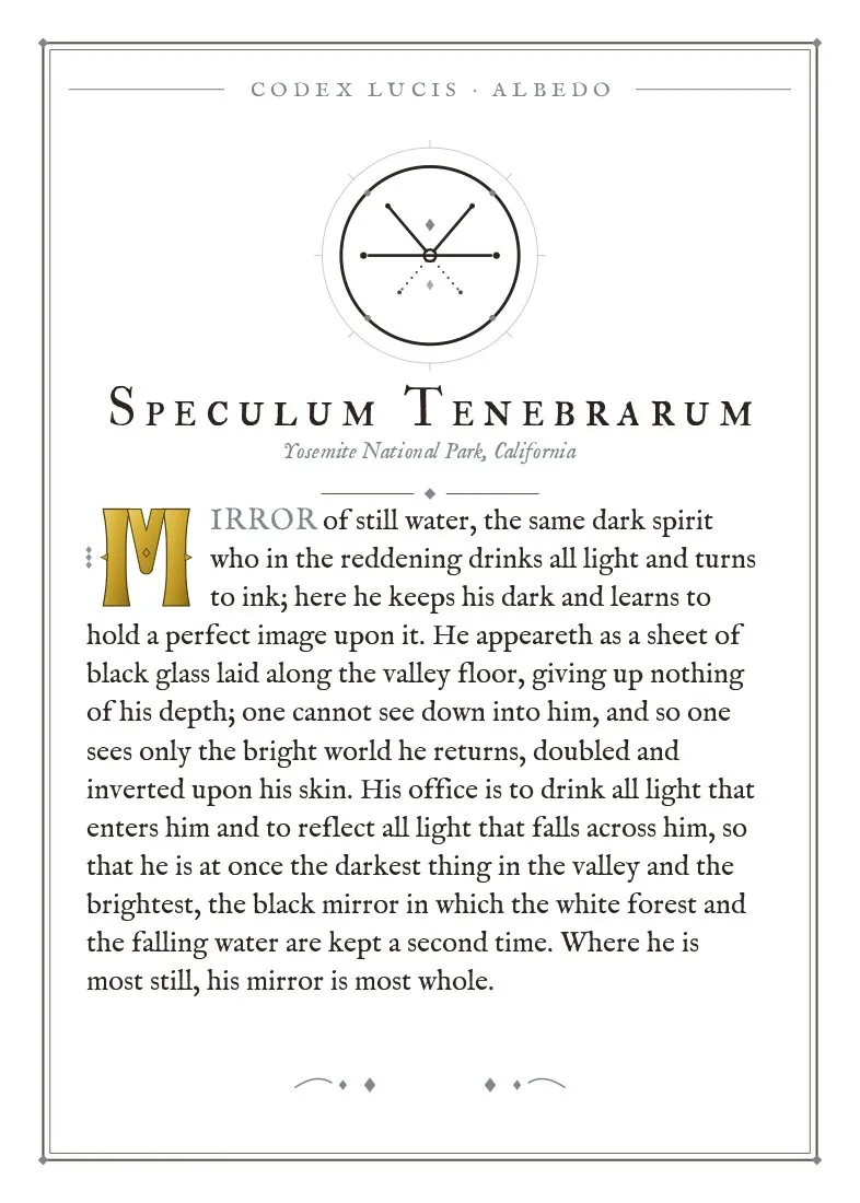The colophon for Speculum Tenebrarum — its Codex Lucis entry, printed on fine-art card