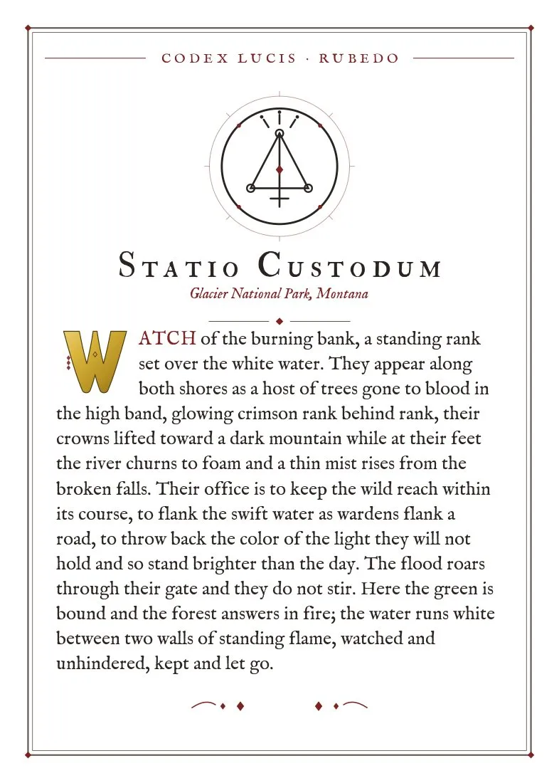 The colophon for Statio Custodum — its Codex Lucis entry, printed on fine-art card