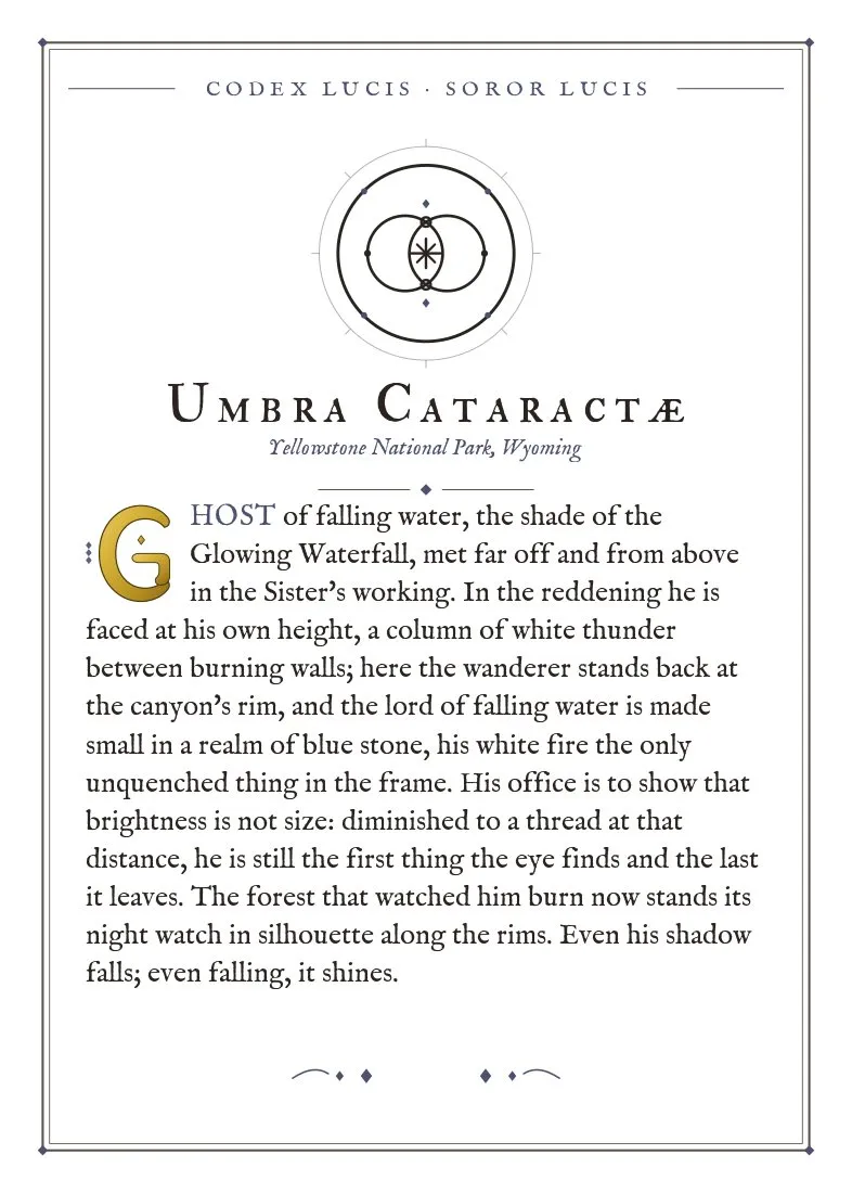 The colophon for Umbra Cataractae — its Codex Lucis entry, printed on fine-art card