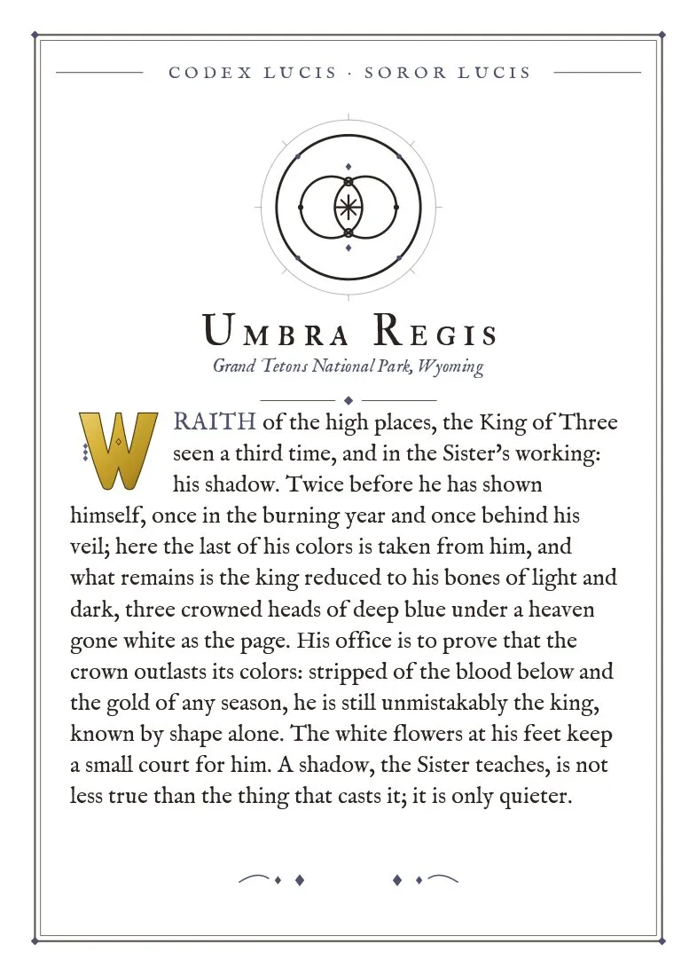 The colophon for Umbra Regis — its Codex Lucis entry, printed on fine-art card