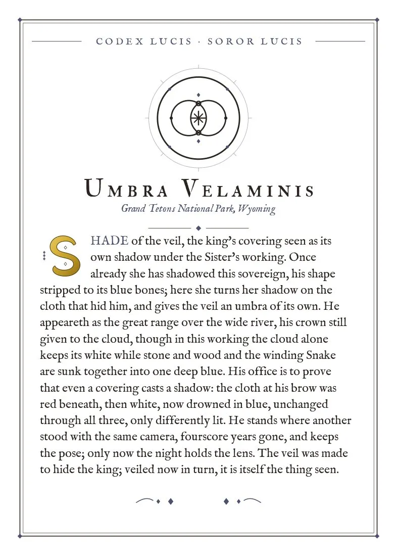 The colophon for Umbra Velaminis — its Codex Lucis entry, printed on fine-art card