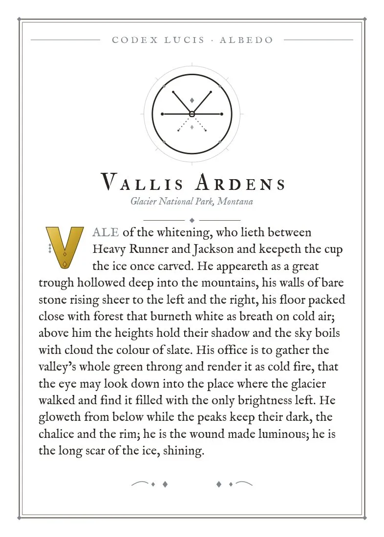 The colophon for Vallis Ardens — its Codex Lucis entry, printed on fine-art card