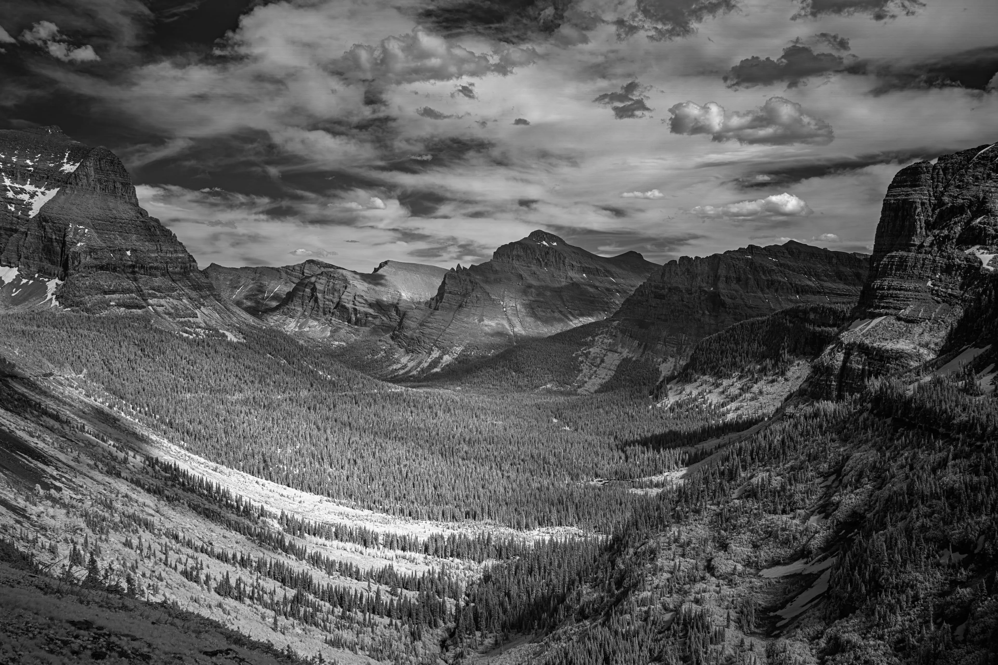 An infrared rendering of a U-shaped glacial valley in Glacier National Park, its forested floor glowing pale white between dark mountain walls beneath a cloud-streaked sky.