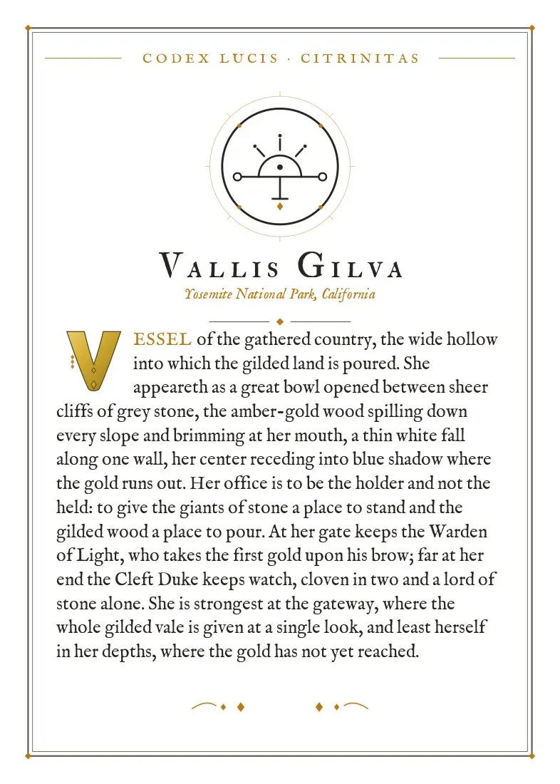 The colophon for Vallis Gilva — its Codex Lucis entry, printed on fine-art card