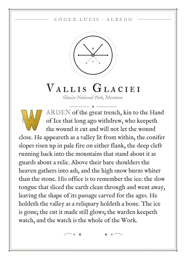 The colophon for Vallis Glaciei — its Codex Lucis entry, printed on fine-art card