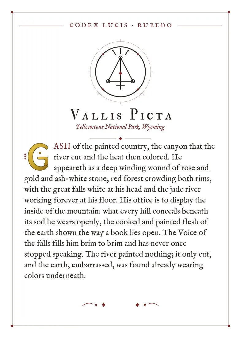 The colophon for Vallis Picta — its Codex Lucis entry, printed on fine-art card