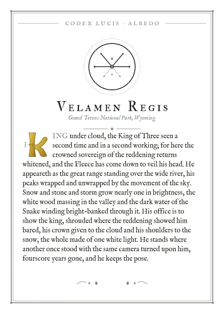 The colophon for Velamen Regis — its Codex Lucis entry, printed on fine-art card