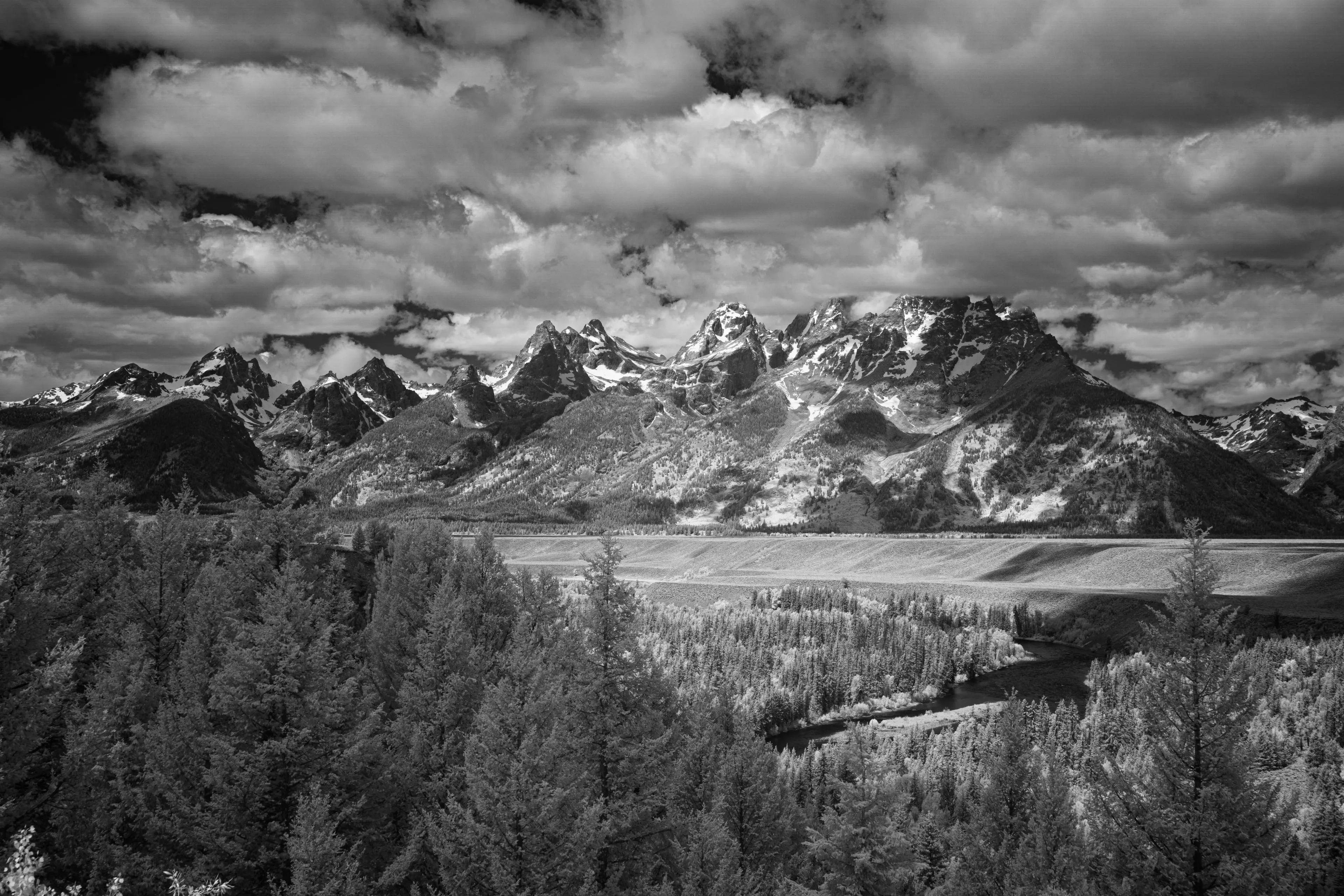 The jagged Teton range in black-and-white infrared, its snow-capped peaks crowned by billowing clouds above a pale forest valley.