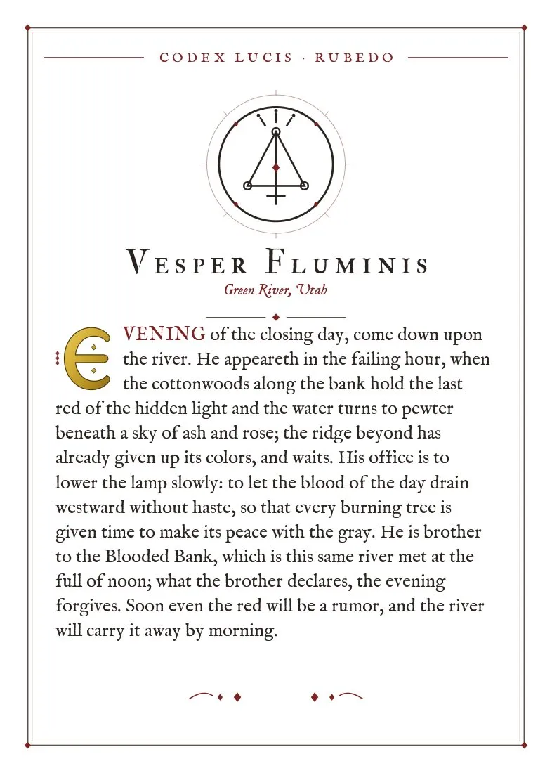 The colophon for Vesper Fluminis — its Codex Lucis entry, printed on fine-art card