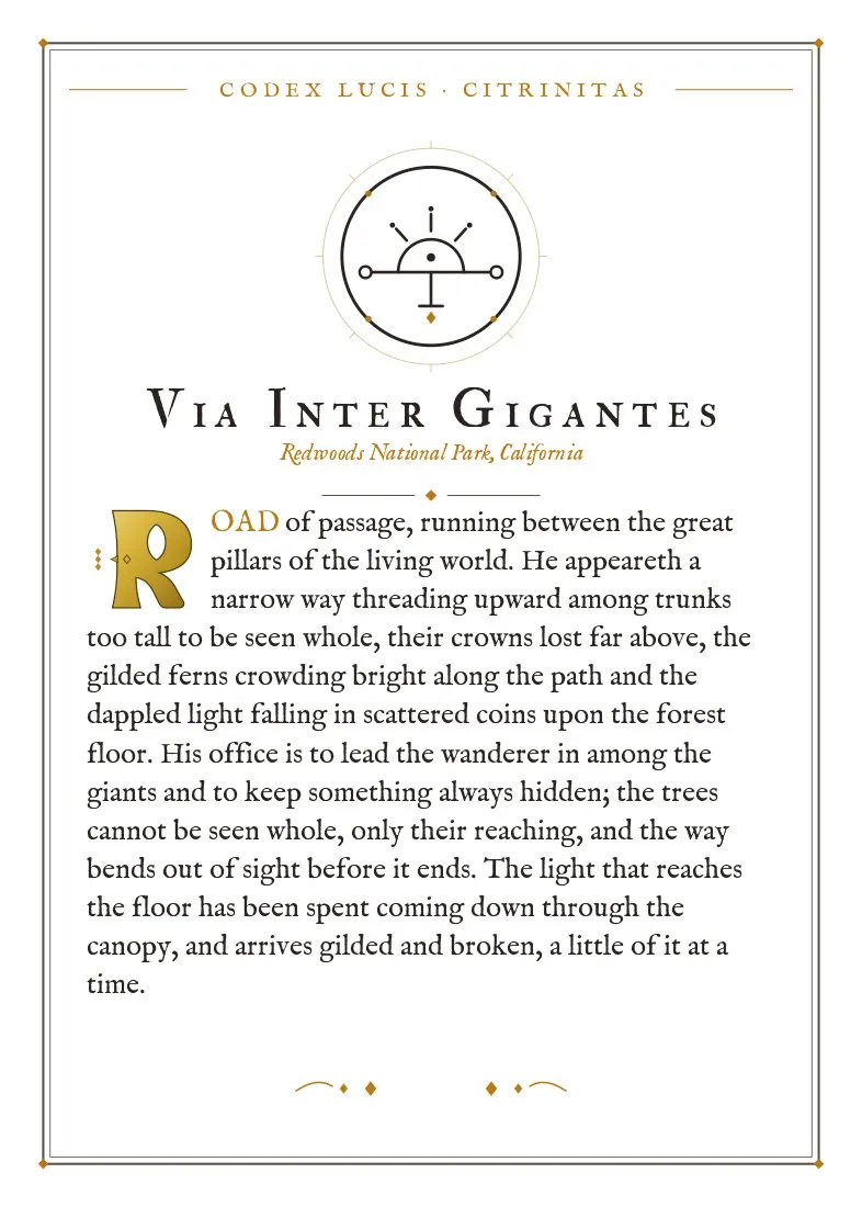 The colophon for Via Inter Gigantes — its Codex Lucis entry, printed on fine-art card