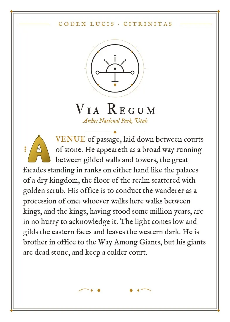 The colophon for Via Regum — its Codex Lucis entry, printed on fine-art card