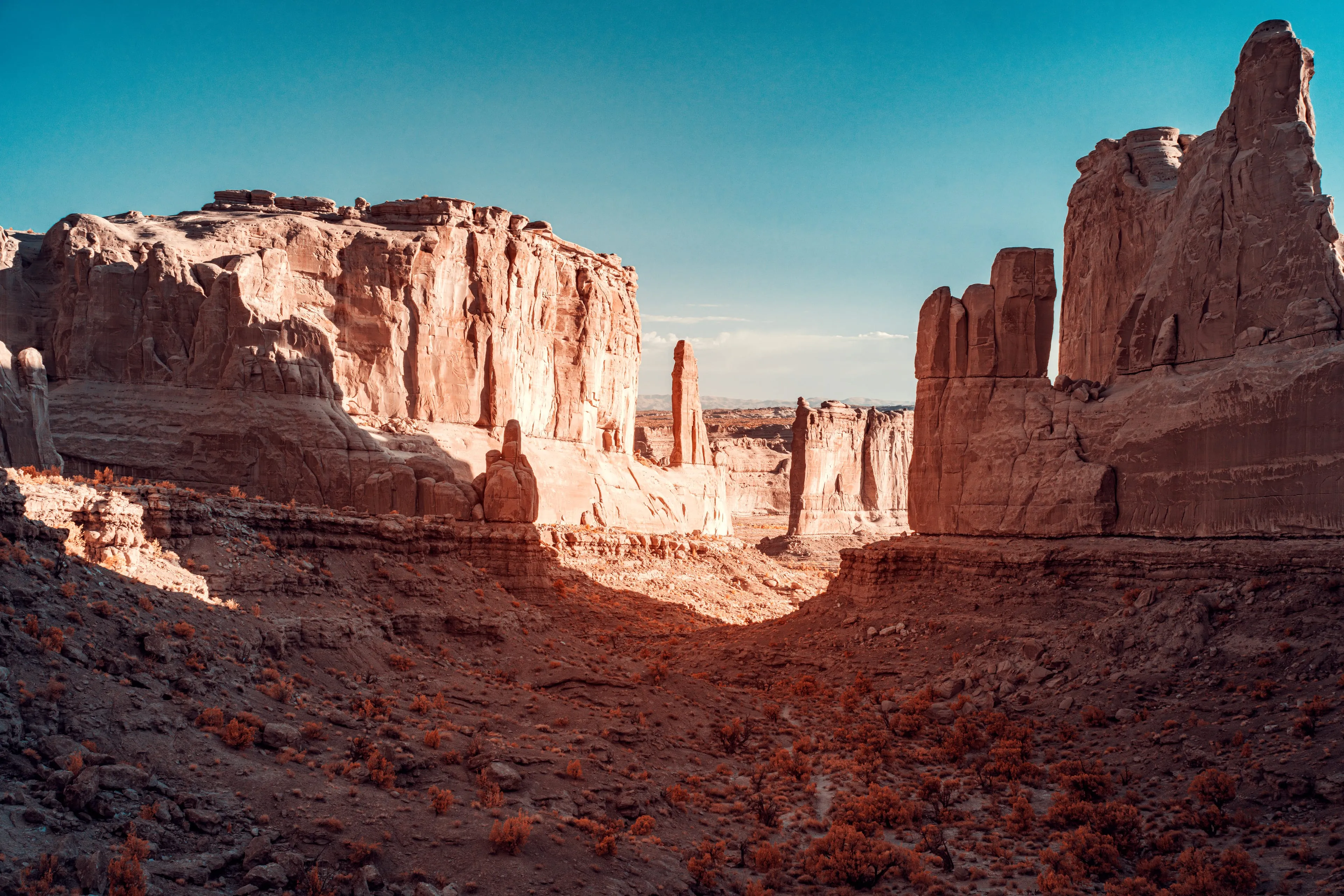 A broad corridor runs between towering gilded sandstone walls and spires, the scrub scattered across the desert floor turned gold by infrared.