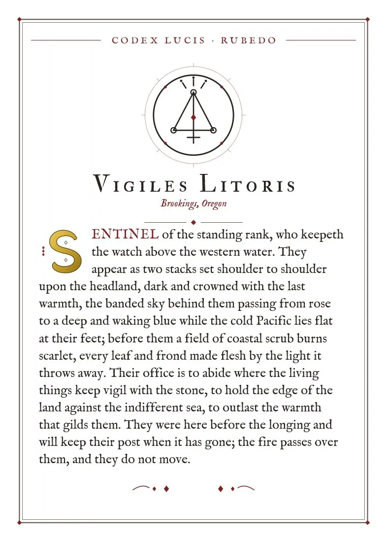 The colophon for Vigiles Litoris — its Codex Lucis entry, printed on fine-art card