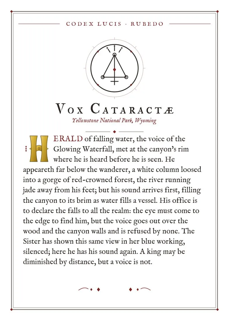 The colophon for Vox Cataractae — its Codex Lucis entry, printed on fine-art card